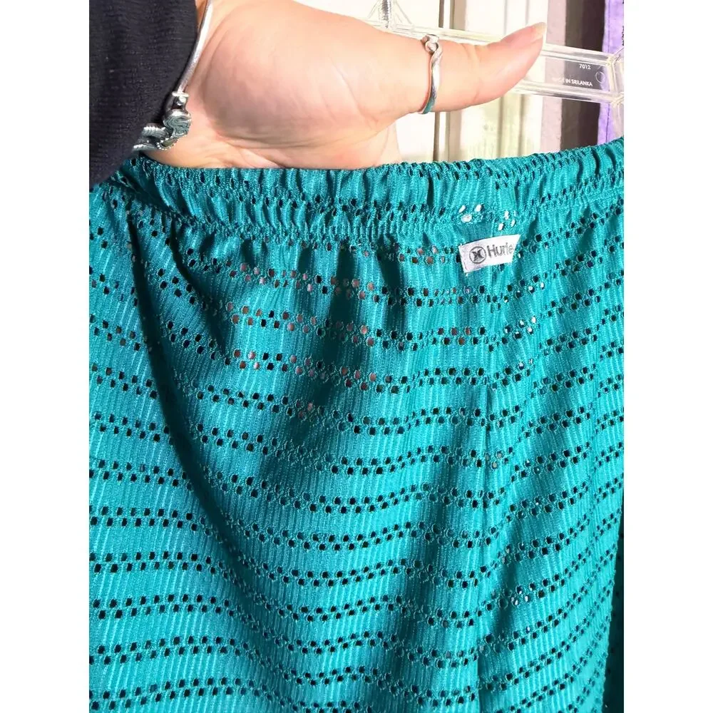 Hurley Teal 2 Piece Set Wide Leg Pants Button Shirt Crochet Open Knit - XL